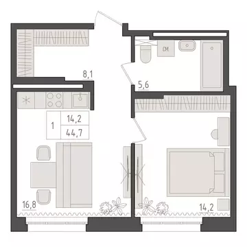 1-комнатная квартира: Уфа, 563-й квартал (44.7 м)