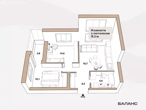 2-комнатная квартира: Тюмень, улица Республики, 204к18 (48.75 м)