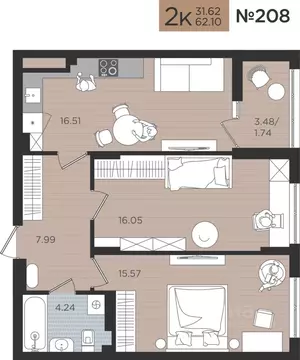 2-к кв. Калининградская область, Калининград Мой Город жилой комплекс ...