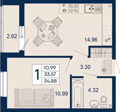 1-к кв. Краснодарский край, Краснодар  (34.88 м)