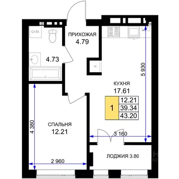 1-к кв. Калининградская область, Гурьевск Включи жилой комплекс (43.2 ...