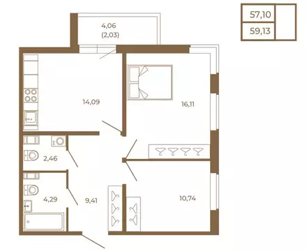 2-комнатная квартира: Сертолово, Златоглавая улица, 2к2 (59.13 м)