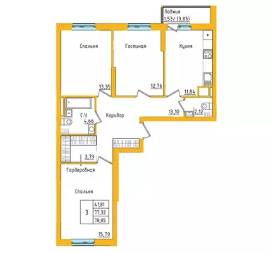 3-комнатная квартира: Уфа, улица Валерия Лесунова, 22 (79.42 м)