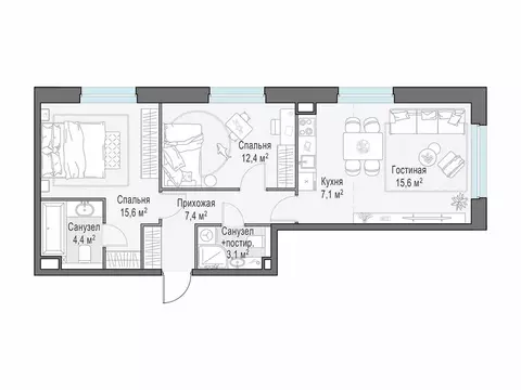 2-комнатная квартира: Мытищи, жилой комплекс Белый Grad, 12.2 (65.6 м)