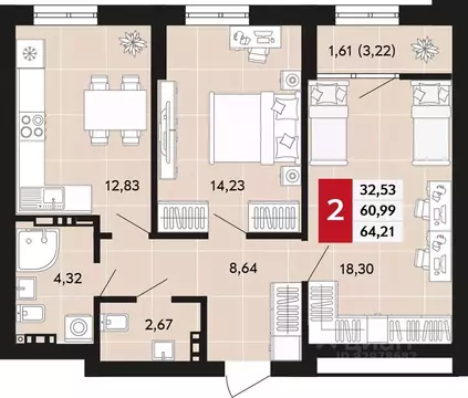 2-к кв. Свердловская область, Верхняя Пышма  (64.21 м)