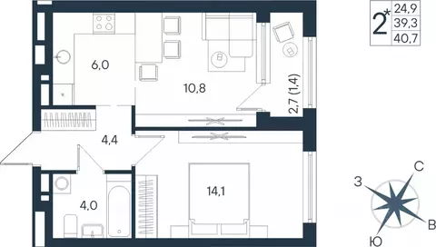 Студия Пермский край, Пермь ул. Космонавта Беляева, 17 (40.7 м)