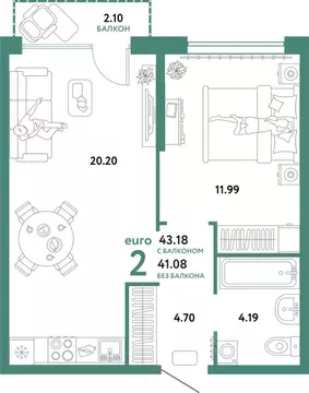 2-к кв. Тюменская область, Тюмень ул. 50 лет Октября, 63к2 (43.18 м)