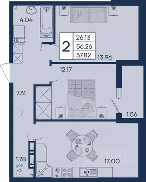 2-к кв. Краснодарский край, Краснодар  (57.82 м)