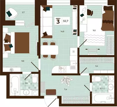 3-к кв. Тульская область, Тула ул. Академика Насоновой, 3 (55.7 м)