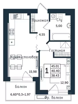 1-к кв. Калининградская область, Янтарный пгт ул. Советская (45.01 м)