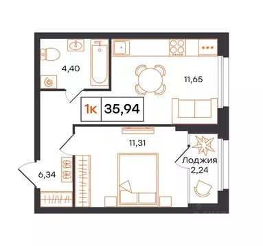 1-к кв. Тюменская область, Тюмень Полевая ул., 117к12 (35.94 м)