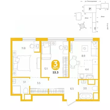 3-к кв. Тюменская область, Тюмень ул. Лесопарковая, 22 (53.3 м)