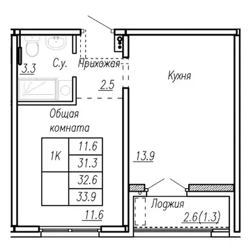 1-к кв. Алтайский край, Барнаул ул. Антона Петрова, 210Б (32.6 м)
