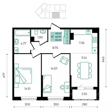 3-к кв. Адыгея, Майкопский район, пос. Тульский  (64.25 м)