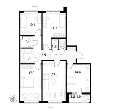 4-комнатная квартира: Люберцы, Рождественская улица, 8 (101 м)