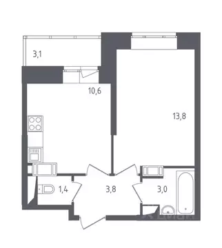 Квартира, 1 комната, 34.2 м