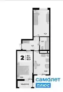 2-комнатная квартира: Тахтамукайский район, аул Старобжегокай (55.9 м)