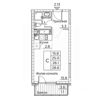 1-к кв. Приморский край, Владивосток ул. Расула Гамзатова, 7к3 (28.6 ...