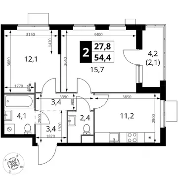 2-к кв. Москва 1-й Измайловский жилой комплекс, к2 (54.4 м)