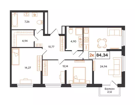 3-к кв. Тюменская область, Тюмень Полевая ул., 117к12 (84.34 м)