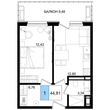 1-к кв. Краснодарский край, Анапа Лучи жилой комплекс (44.81 м)