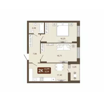 2-к кв. Кемеровская область, Кемерово 58В мкр, 1 (63.99 м)