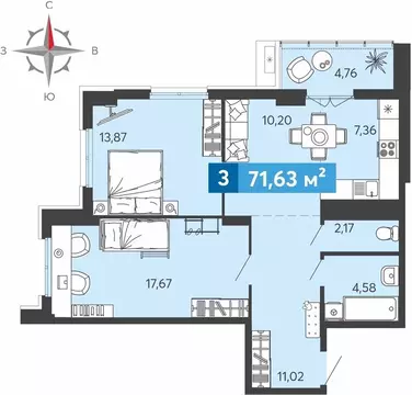 3-комнатная квартира: Засечное, Прибрежный бульвар, 5 (71.63 м)