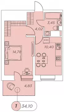 1-комнатная квартира: Кудрово, Солнечная улица, 10к2 (34.1 м)