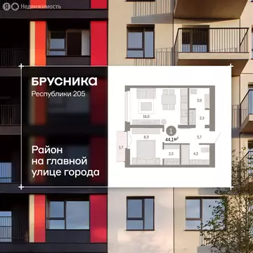 2-комнатная квартира: Тюмень, улица Республики, 205к2 (44.1 м)