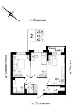 2-к кв. Свердловская область, Екатеринбург ул. Кронштадтская (63.1 м)