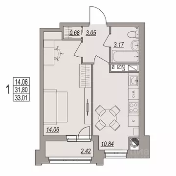 1-к кв. Волгоградская область, Волгоград ул. Дымченко, 9 (33.01 м)