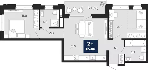 2-комнатная квартира: Тюмень, ЖК Мириады (65.8 м)
