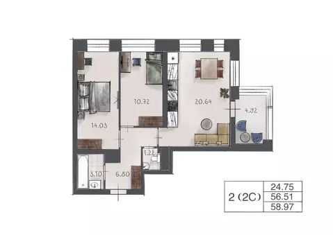 2-к кв. Санкт-Петербург наб. Миклухо-Маклая, 3к1 (58.0 м)