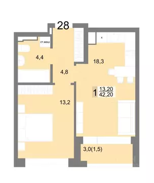 1-к кв. Свердловская область, Екатеринбург ул. Семена Лагоды, 80 (42.2 ...
