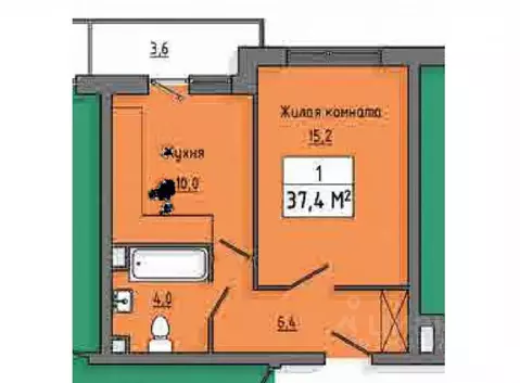 1-к кв. Курская область, Курск ул. Энгельса, 158к1 (37.4 м)