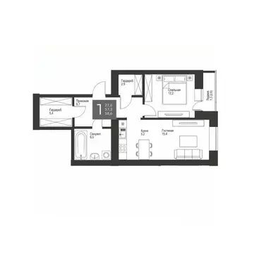 1-к кв. Татарстан, Альметьевск ул. Гафиатуллина, 60 (57.6 м)