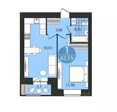 1-к кв. Ярославская область, Ярославль ул. 1-я Приволжская, 6А (42.55 ...