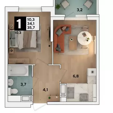 1-к кв. Краснодарский край, Краснодар ул. Героя Пешкова, 14к1 (34.1 м)