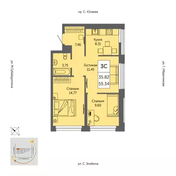 3-к кв. Башкортостан, Уфа ул. Художника Позднова, 13 (54.8 м)
