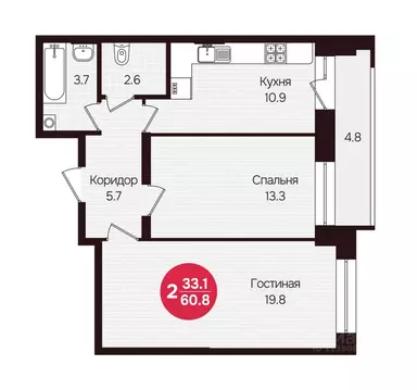 2-к кв. Чувашия, Новочебоксарск ул. 10-й Пятилетки, поз5 (60.8 м)
