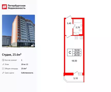 Квартира-студия: городской посёлок Янино-1, Заводская улица, 18к2 ...
