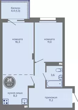 2-к кв. Пермский край, Пермь ш. Космонавтов, 309Ак1 (51.7 м)