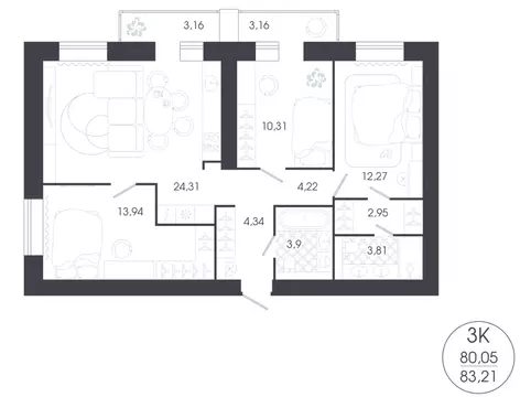 3-комнатная квартира: Пенза, Колышлейская улица, 7 (83.21 м)