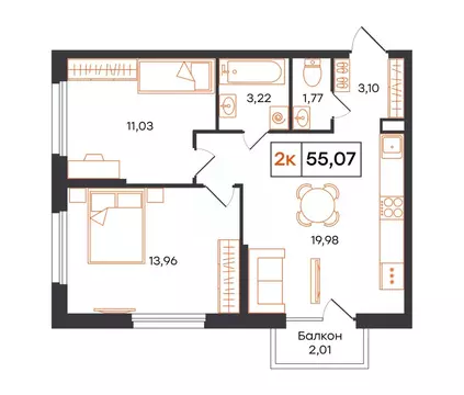 2-к кв. Тюменская область, Тюмень Полевая ул., 117к12 (55.07 м)