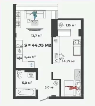 1-к кв. Хакасия, Абакан ул. Генерала Тихонова, 5 (44.75 м)