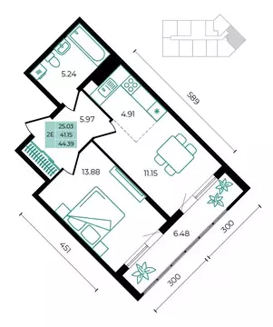 2-к кв. Адыгея, Майкопский район, пос. Тульский  (44.39 м)