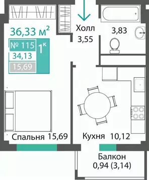1-к кв. Крым, Симферопольский район, с. Мирное ПроПолис жилой комплекс ...