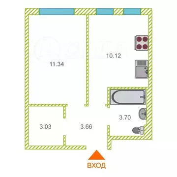 1-комнатная квартира: Тюмень, улица Юрия Рогачева, 11к2 (33.7 м)