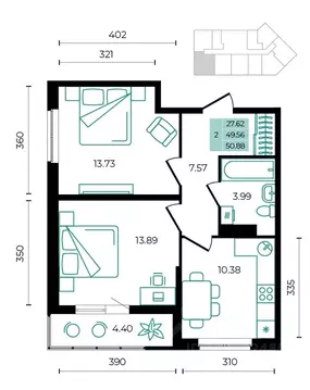 2-к кв. Адыгея, Майкопский район, пос. Тульский  (50.88 м)