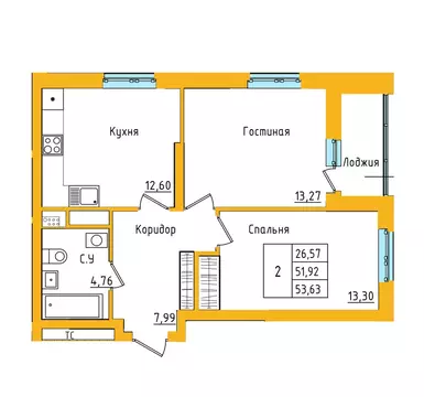 2-комнатная квартира: Уфа, улица Валерия Лесунова, 22 (53.63 м)
